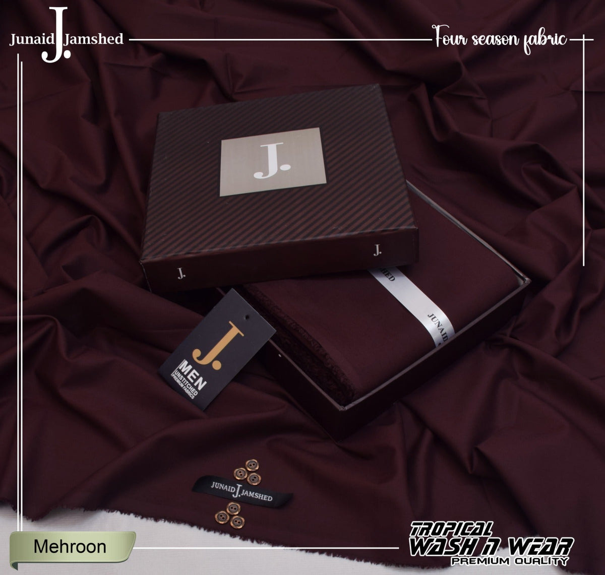 Junaid Jamshed Maroon Tropical Premium Wash & Wear – Men’s Unstitched Four-Season Suit 2026